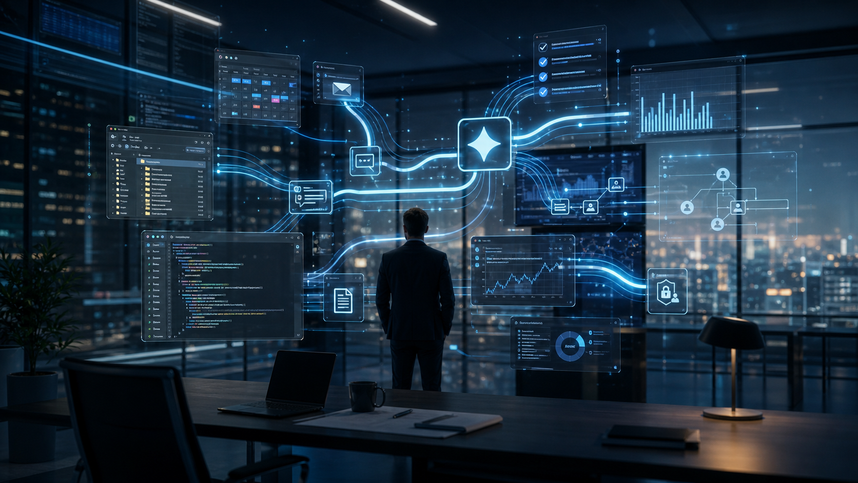 Digitale KI-Agenten steuern Aufgabenflüsse in einer futuristischen Arbeitsumgebung