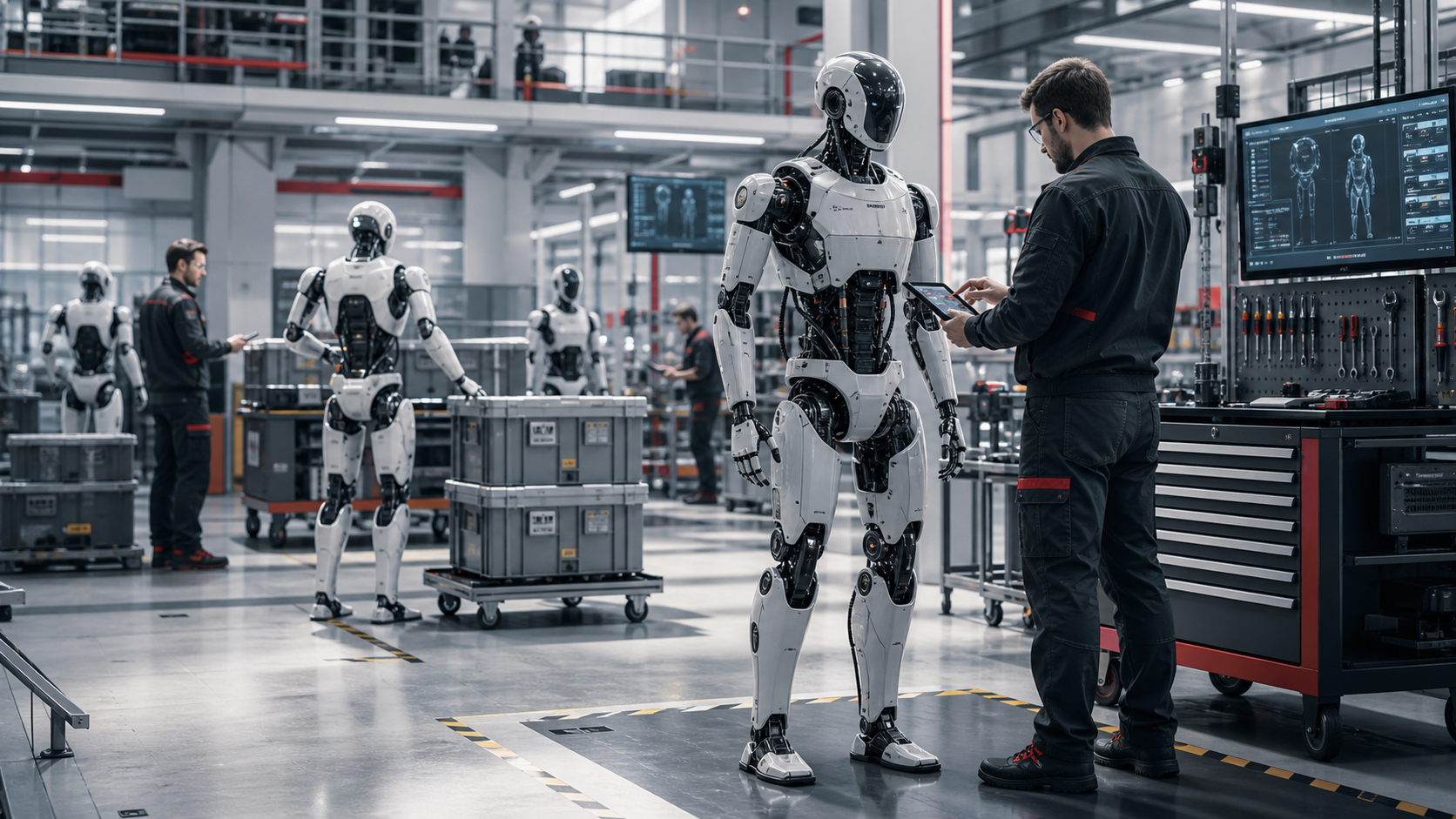 Humanoider Roboter und Techniker in einem modernen Labor
